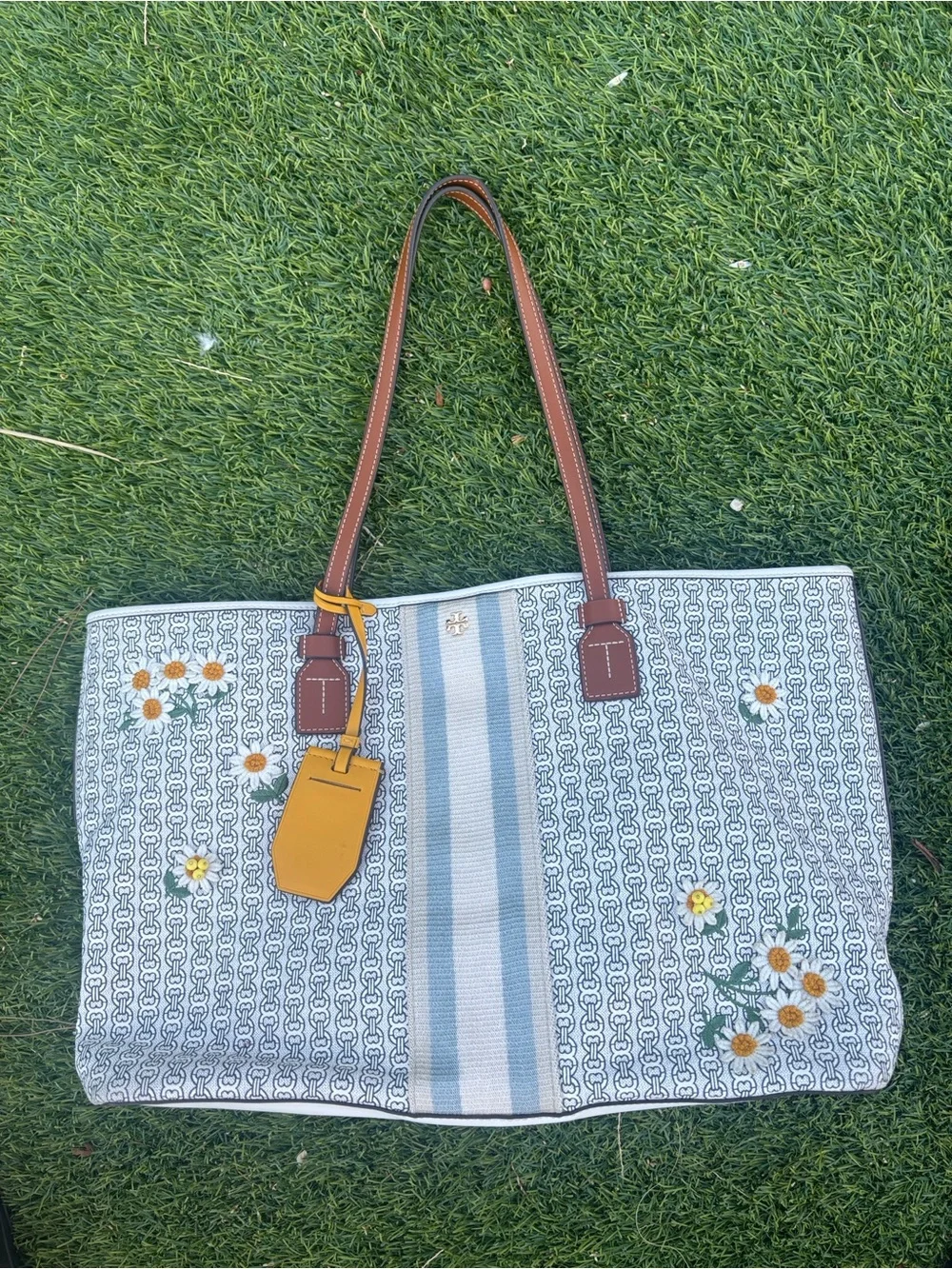 Tory Burch Gemini Canvas Daisy Applique Tote Bag LARGE Size